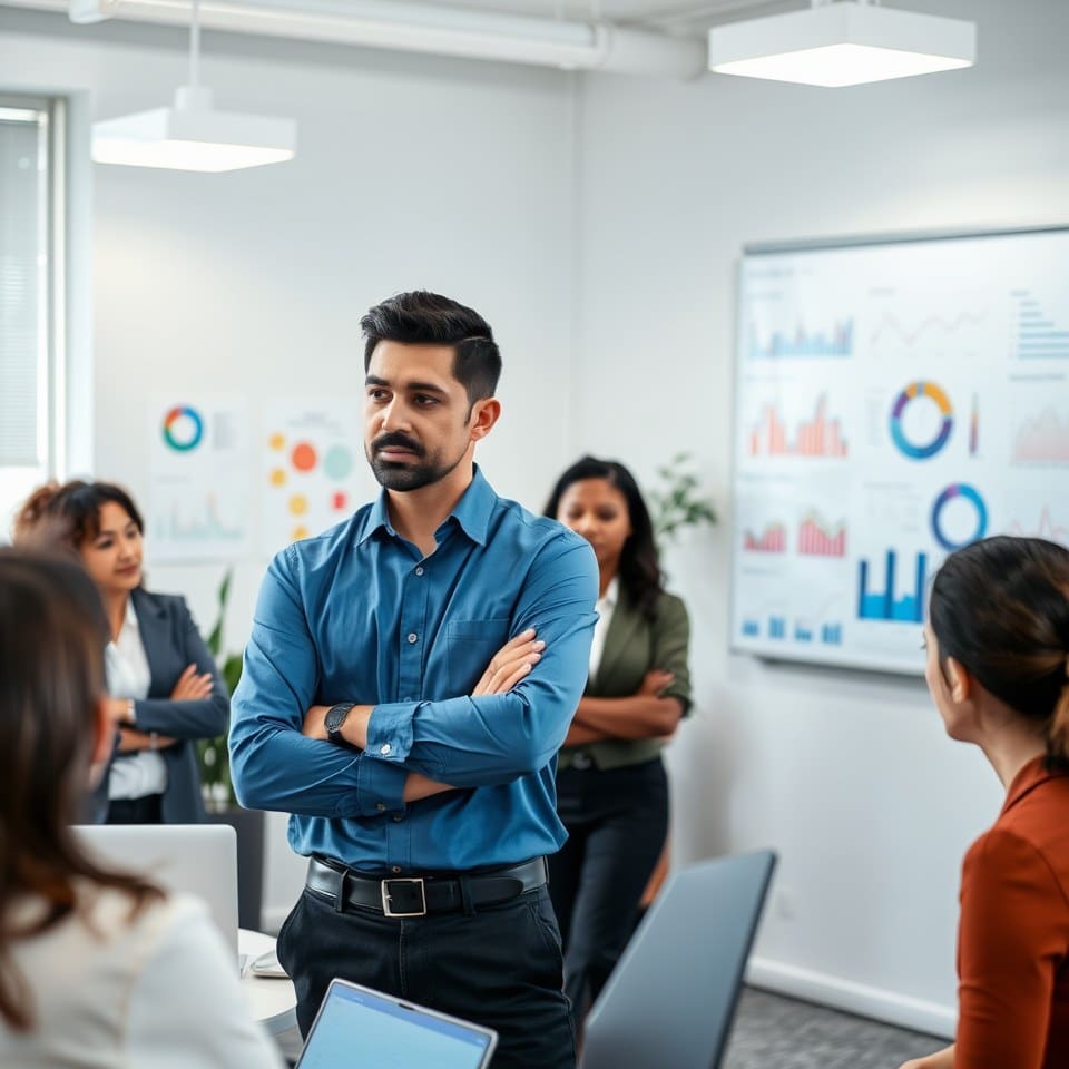 a man in blue shirt conducting a meeting