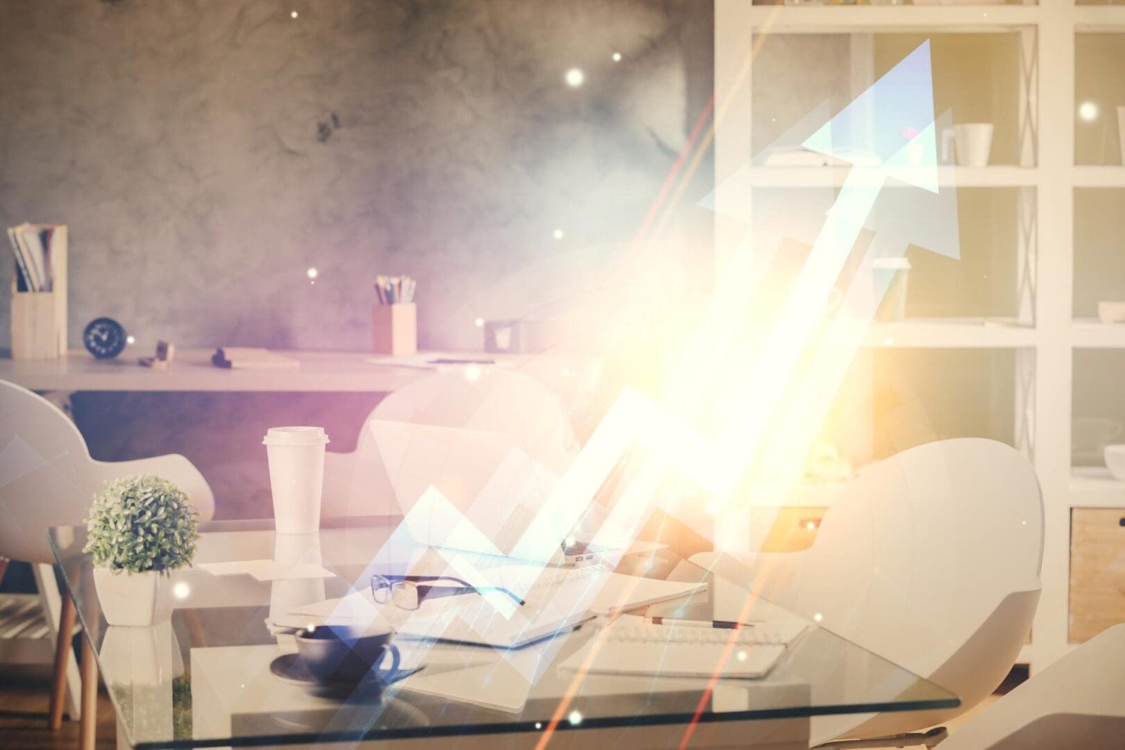 Rising arrow in bright office setting.