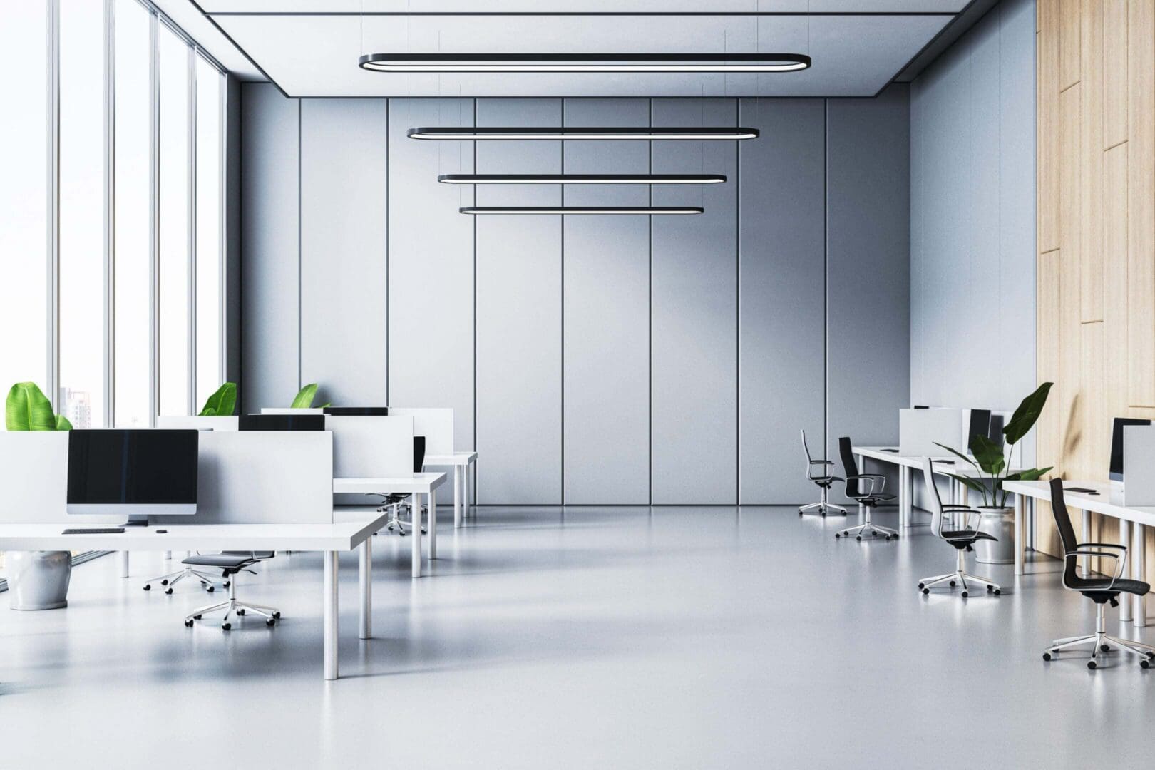 Modern open-plan office with minimalist design.