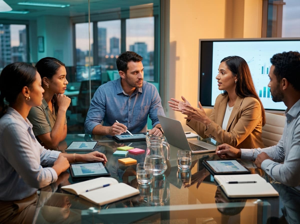 Team in meeting discussing business strategies.