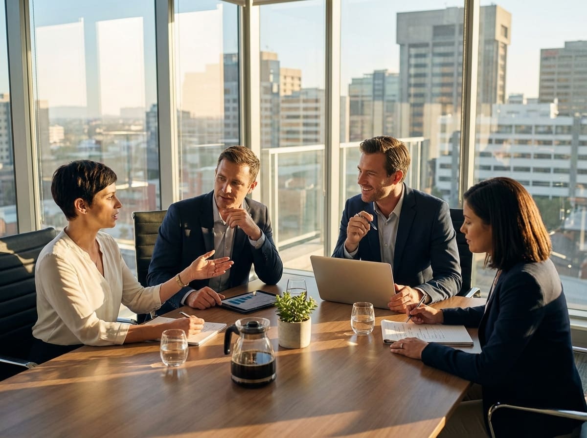 Business meeting in a modern office setting.