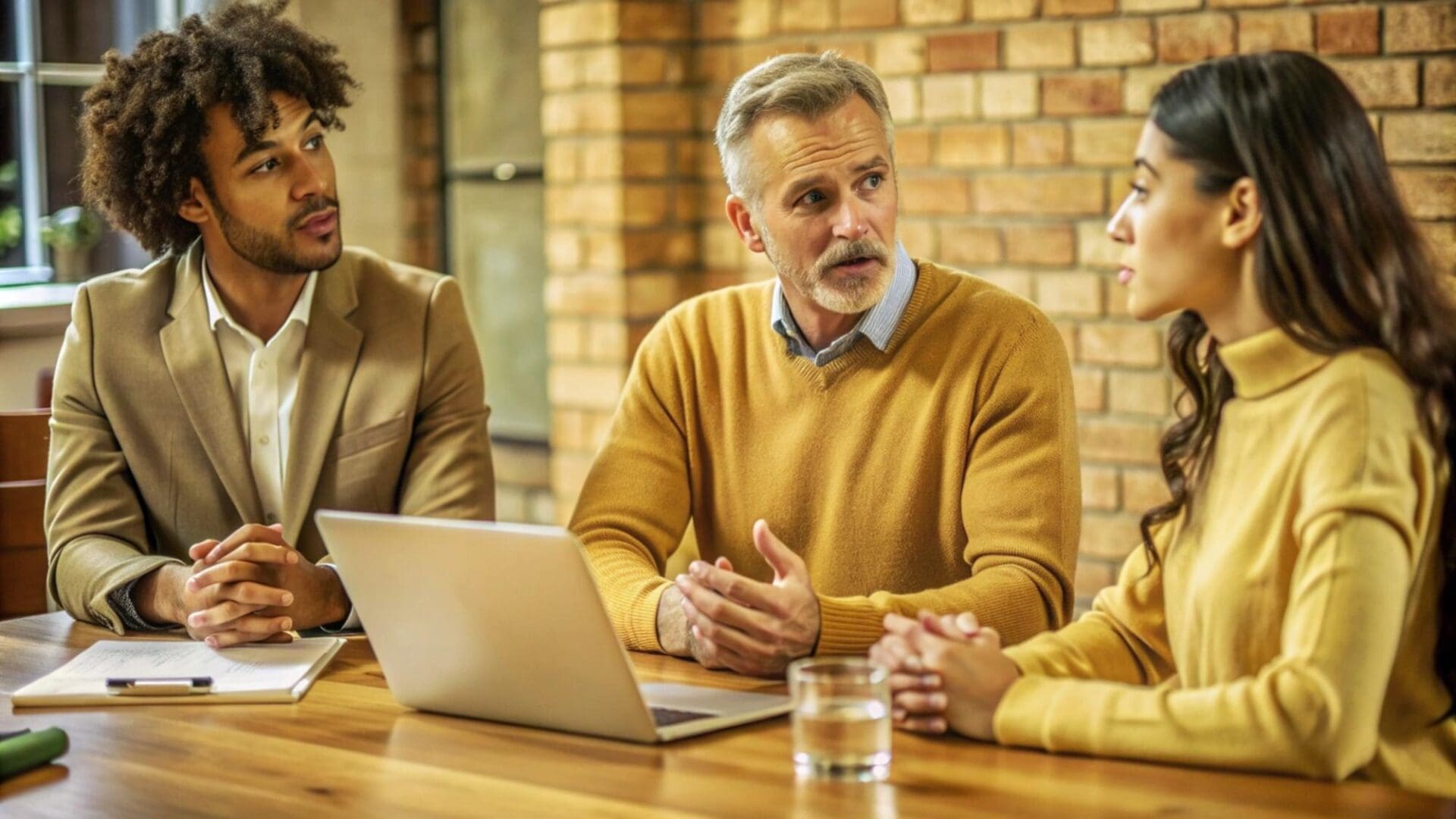 Three people having a meeting at table.