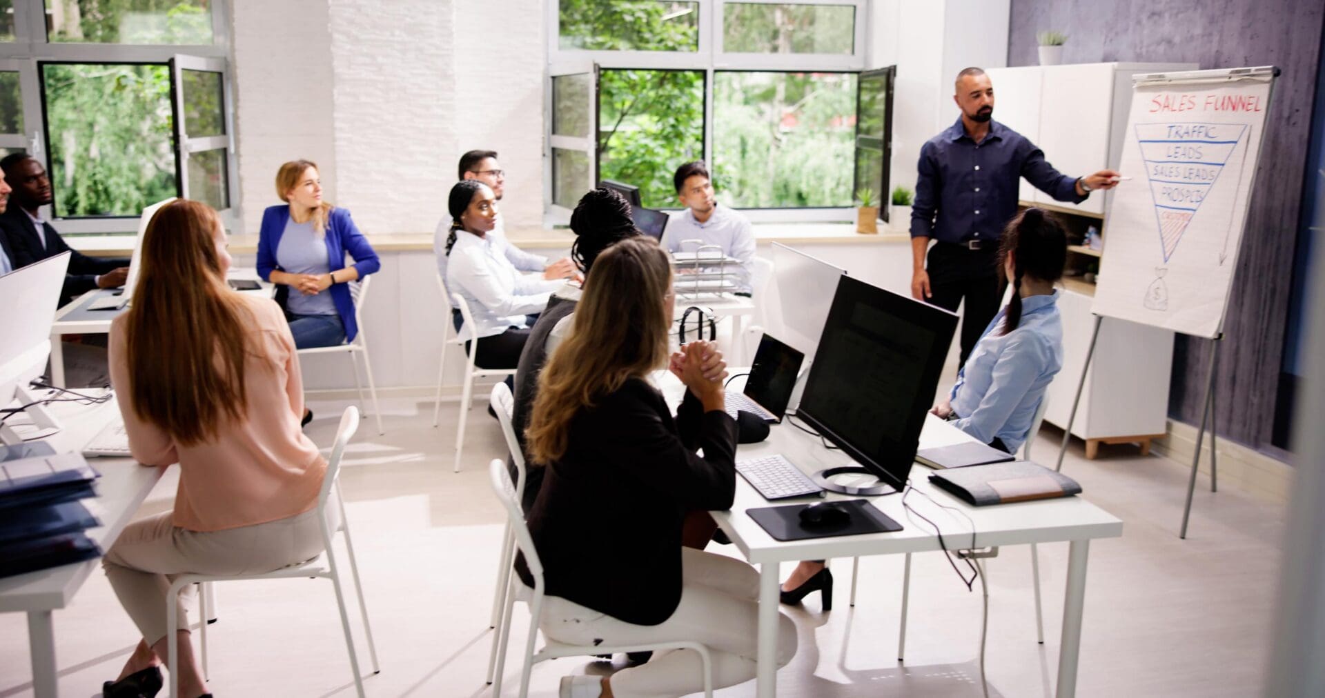 Corporate Training Presentation In Classroom With Computers