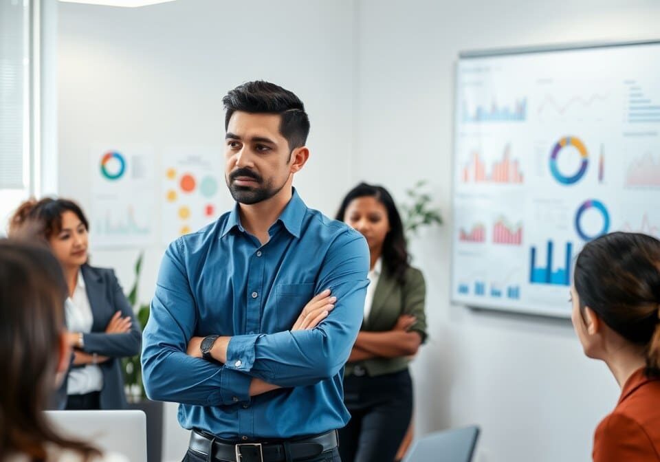 a man in blue shirt conducting a meeting