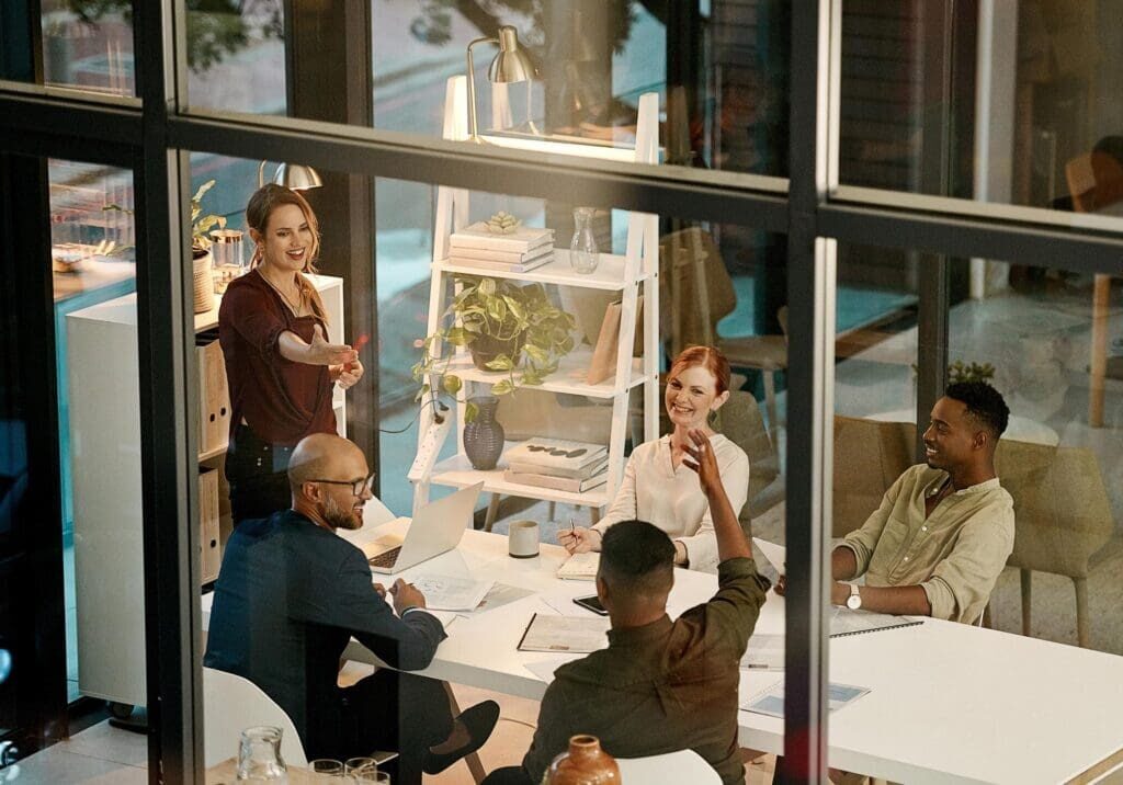 Team meeting in modern office space.