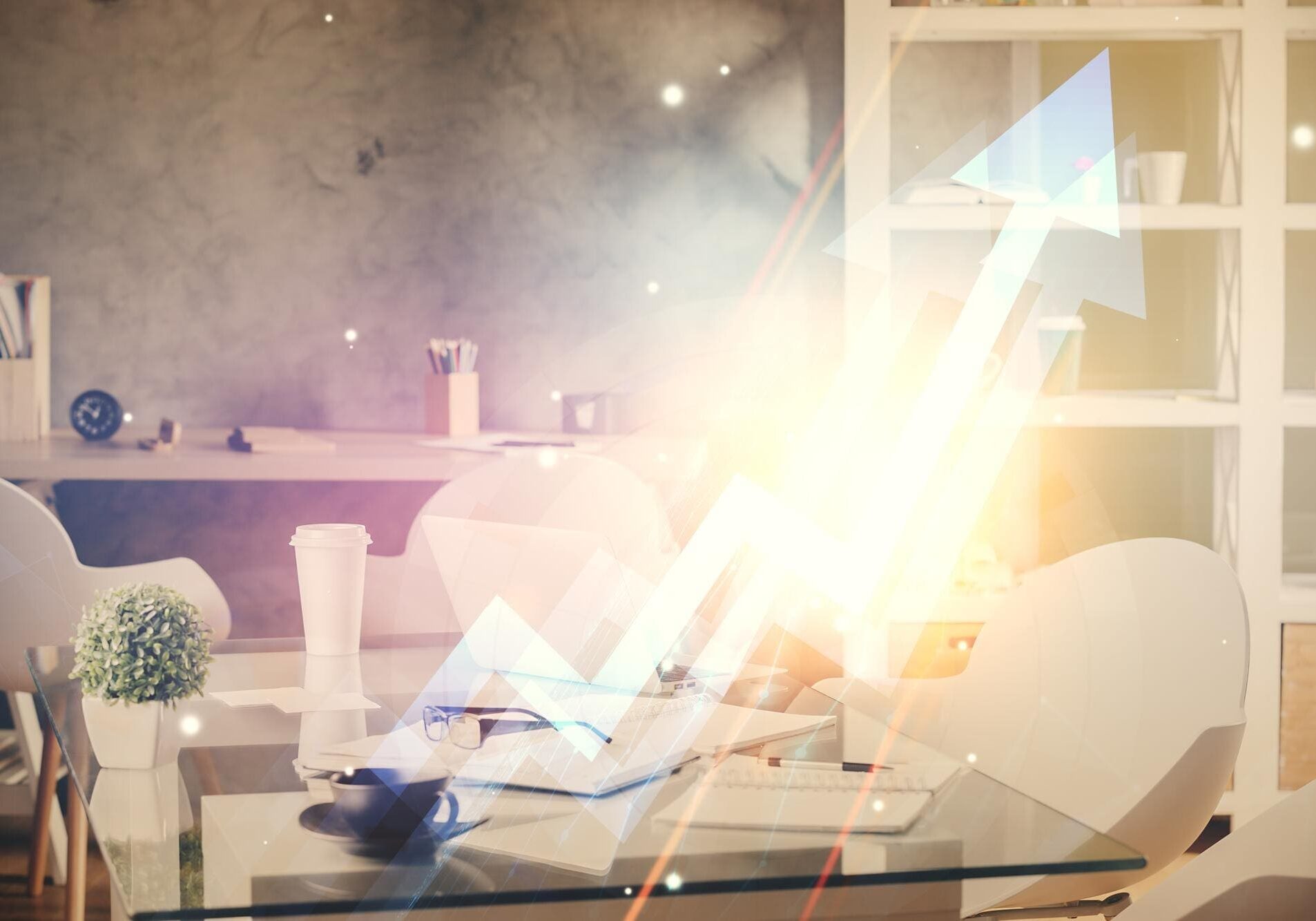 Rising arrow in bright office setting.