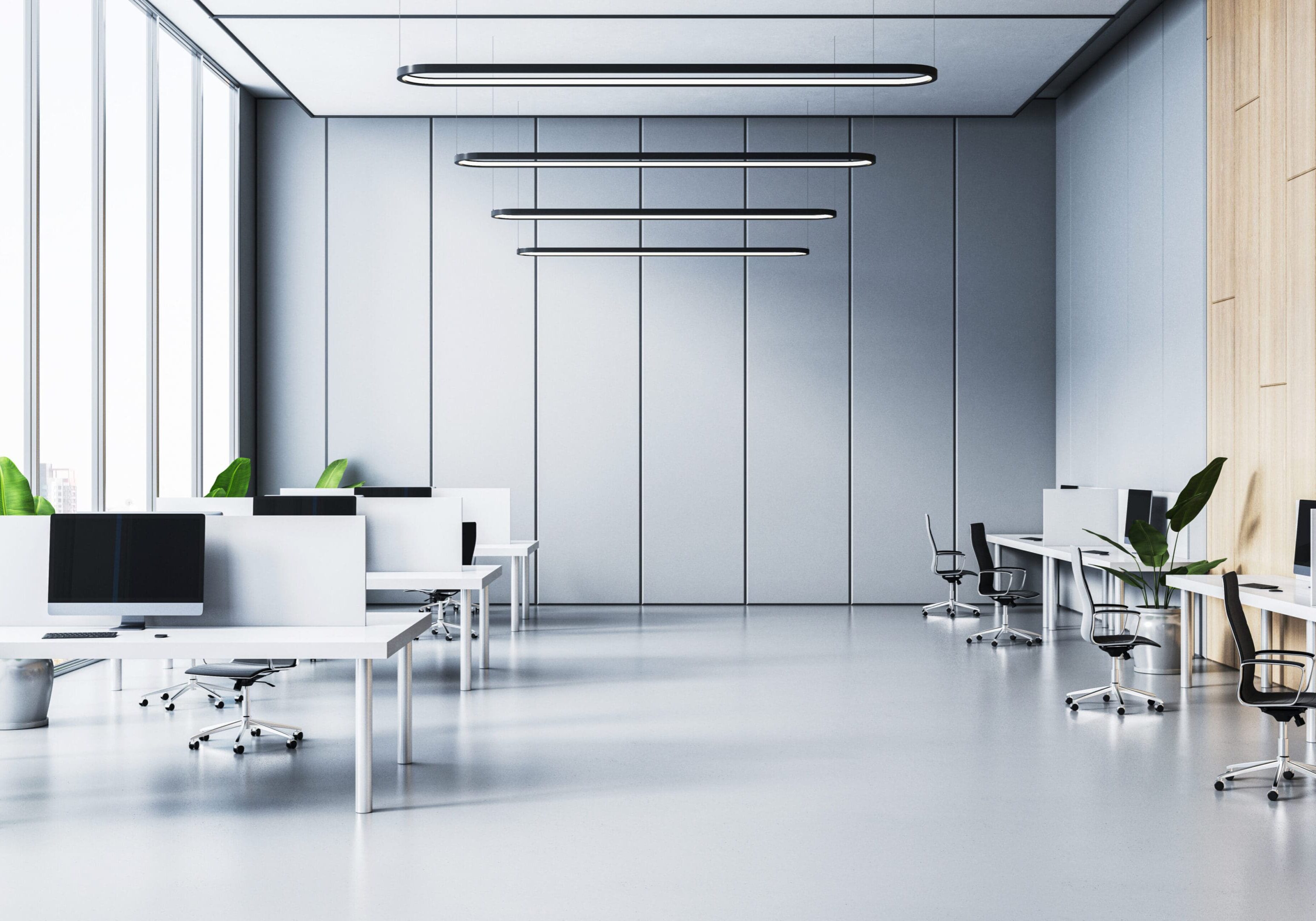 Modern open-plan office with minimalist design.