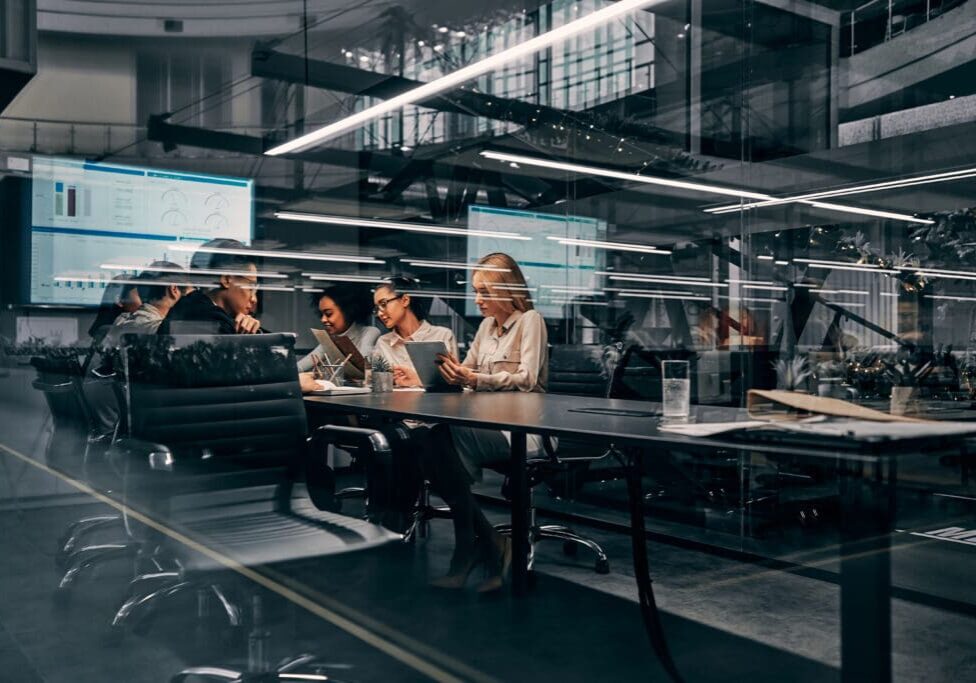 People collaborating in a modern office setting.