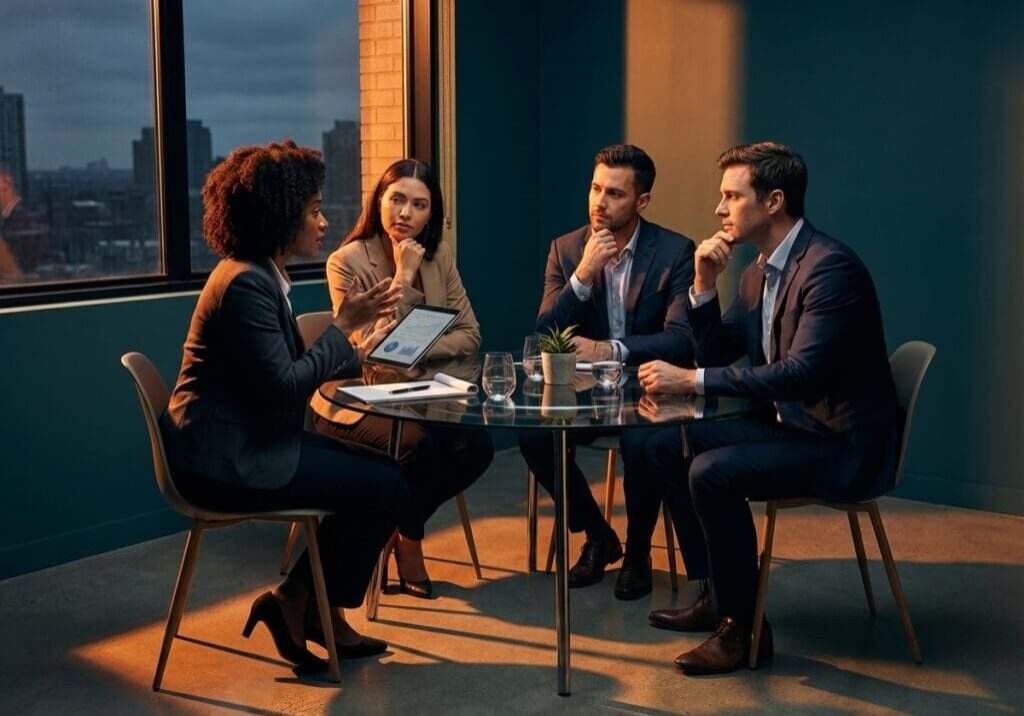 Four professionals having a meeting in office.