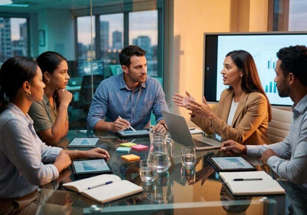 Team in meeting discussing business strategies.