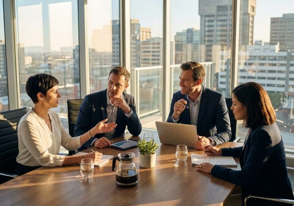 Business meeting in a modern office setting.