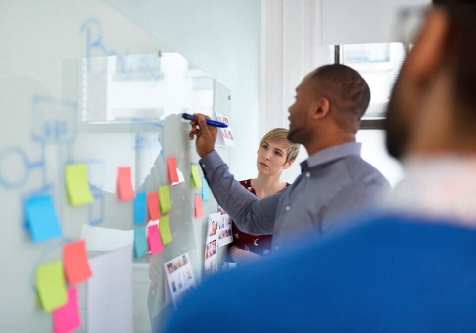 Team brainstorming with sticky notes on board.