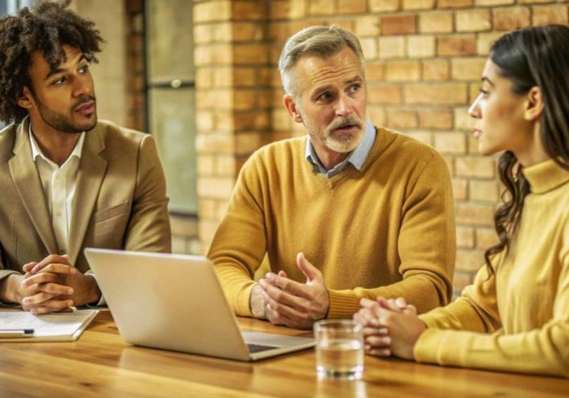 Three people having a meeting at table.