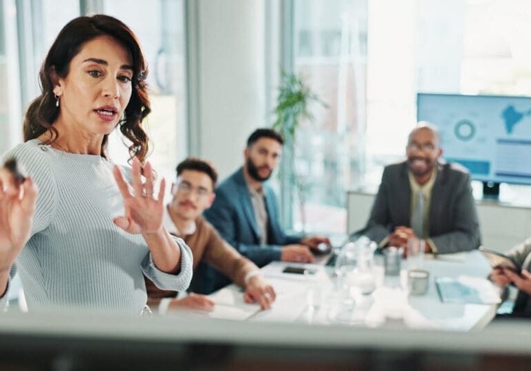 Business presentation in a modern office setting.