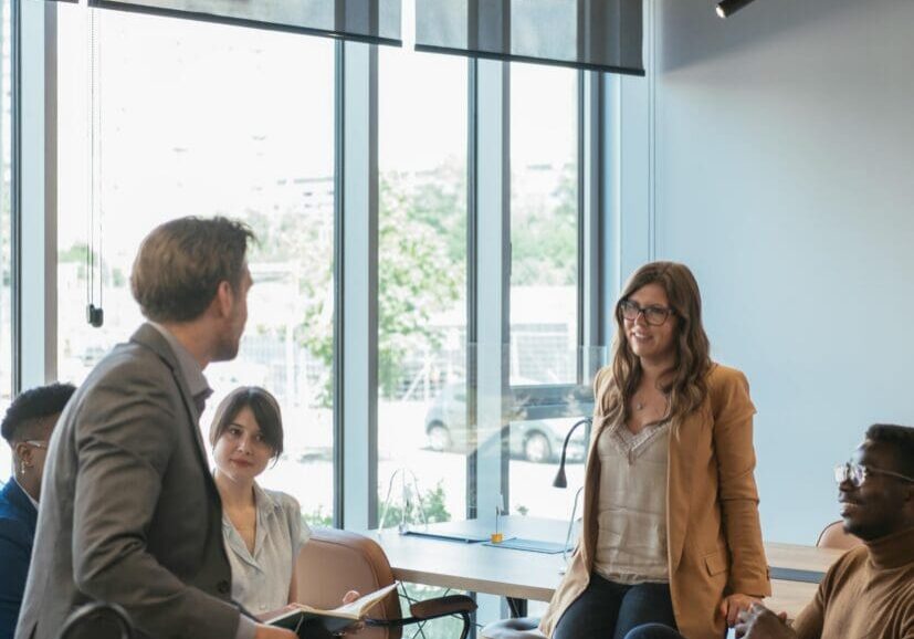 Team of five multi-ethnic employee having fun working together in an open plan office with big windows.