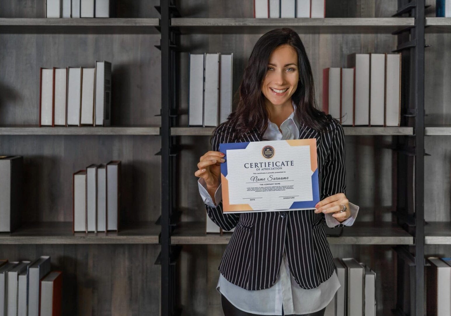 business portrait of caucasian business woman posing with certificate of appreciation recieved from business performace competition award winning