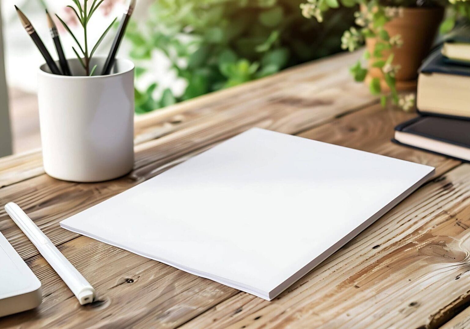 Blank notebook on wooden desk with pen