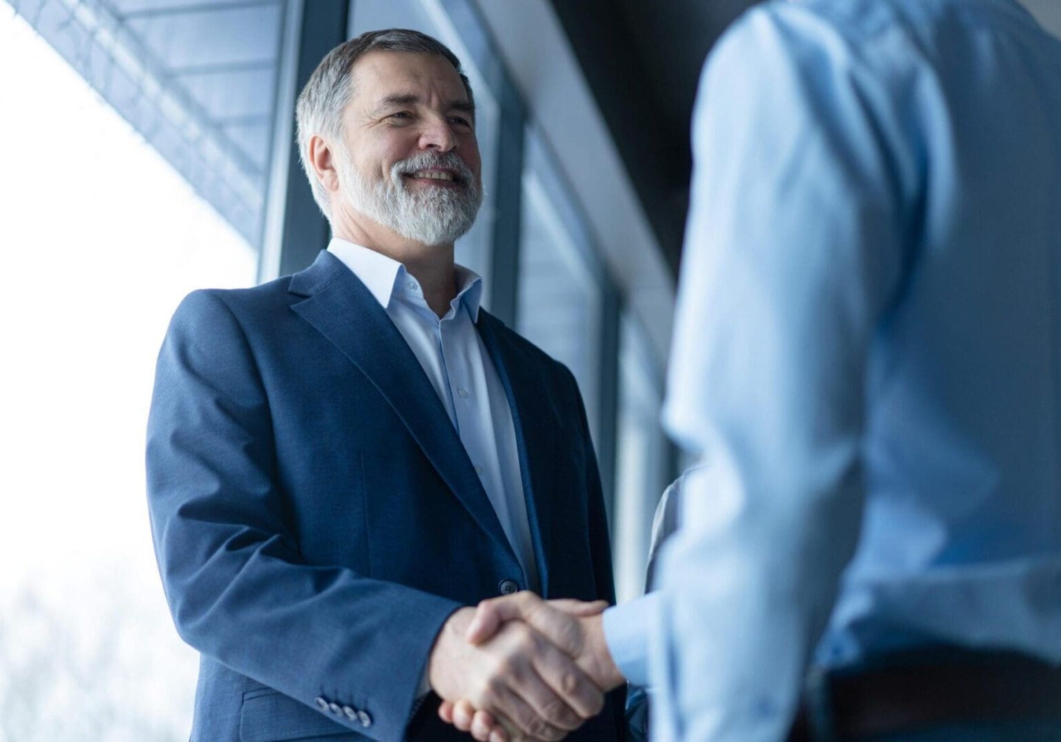 Two businessmen shaking hands in office