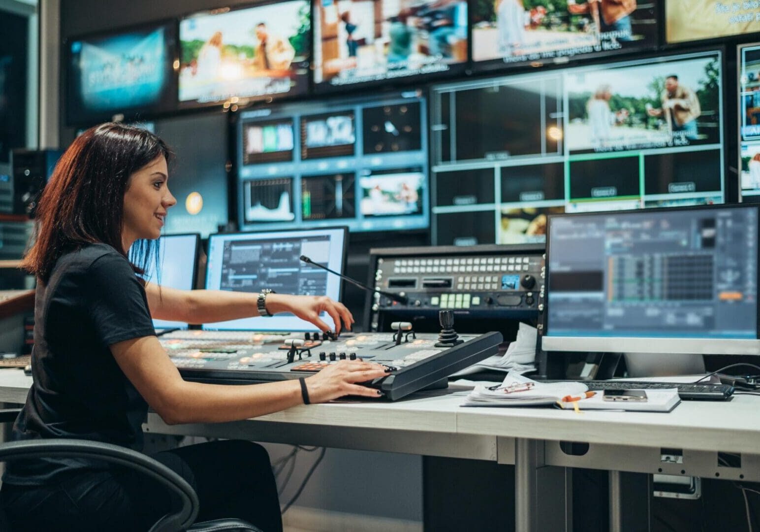 Person operating video switcher in control room