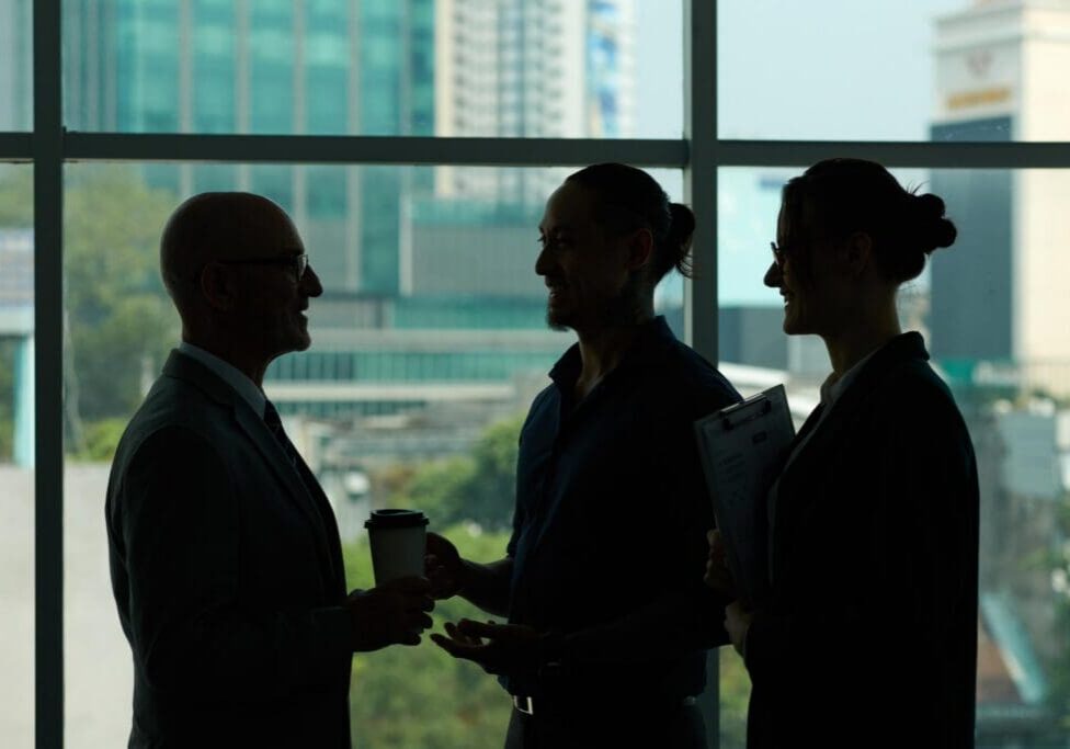 Silhouettes of business people having meeting in spacious office