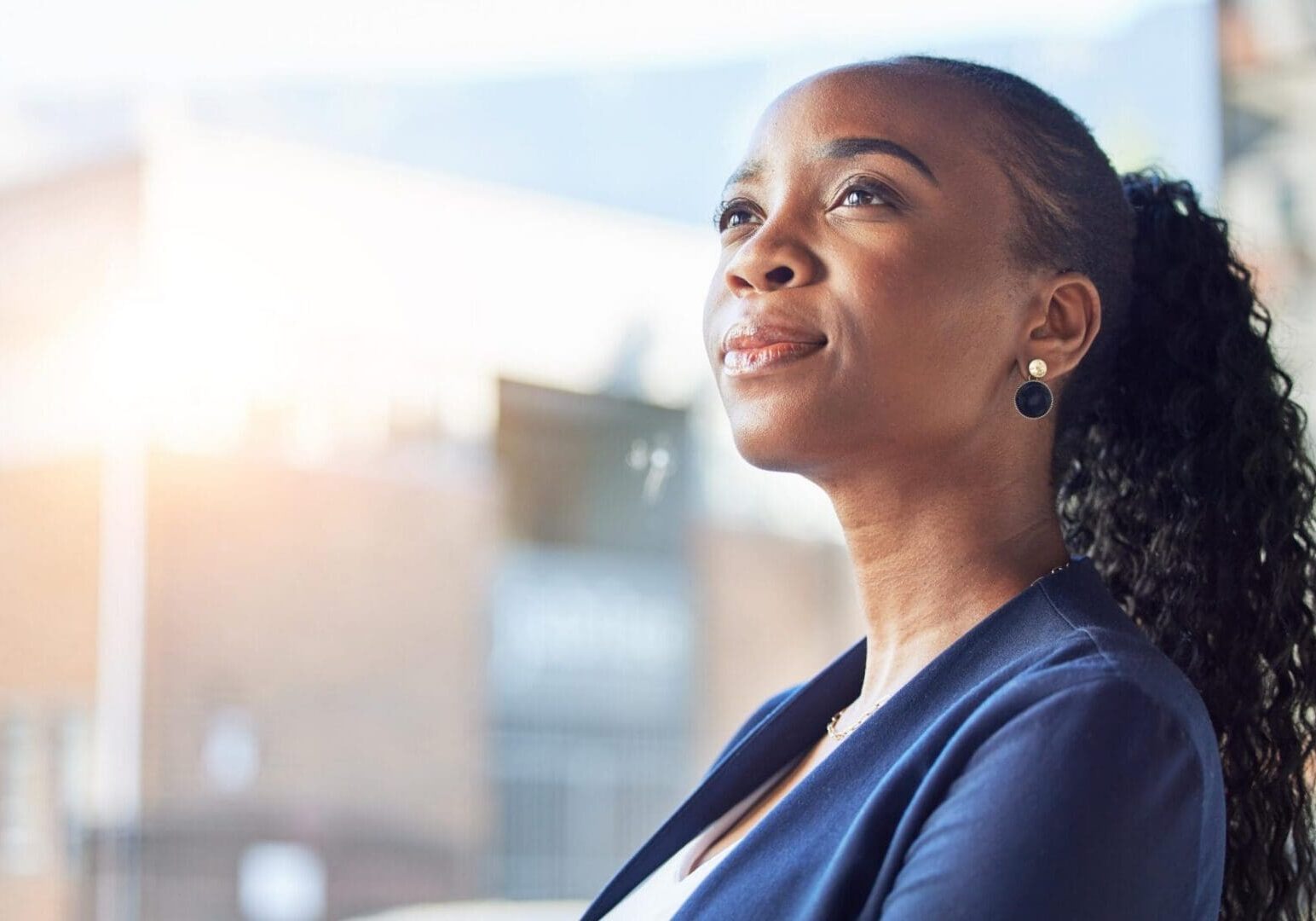 Office professional, face and thinking black woman, bank consultant and brainstorming plan, ideas or strategy. Window, problem solving and business person planning  corporate choice, job or future