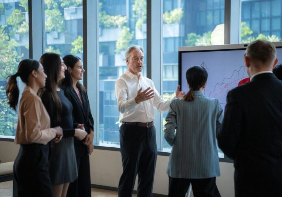 Business professionals discussing strategy and ideas while presenting charts on a digital whiteboard during a corporate meeting